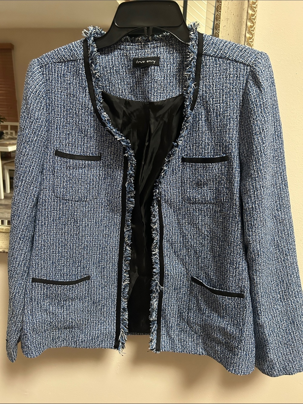 Textured Blue Tweed Fringe Trim Blazer by True envy